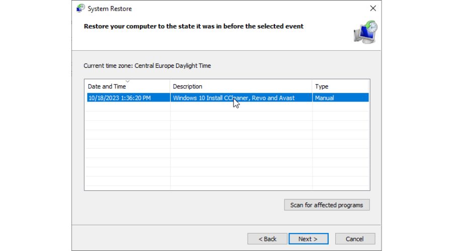 Choose Restore Point